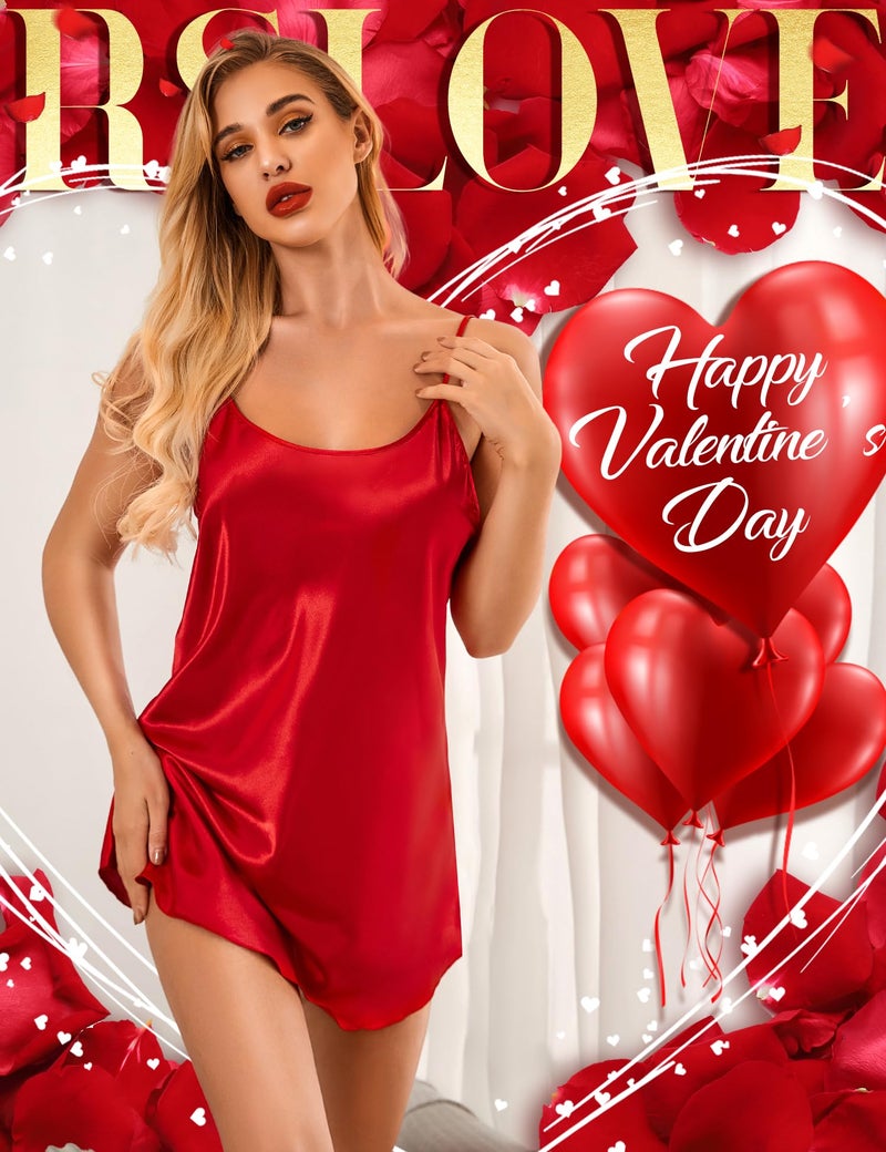 RSLOVE Lingerie Sleepwear Chemise Nightgown - Sexy Satin Sleepwear Silk Mini Slip Short Nightwear Red L - Image 2